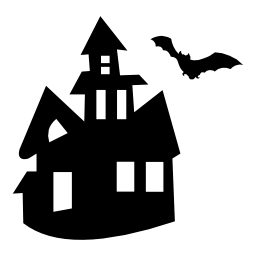 無料アイコンの上を飛んでいる蝙蝠とハロウィーンのお化け屋敷