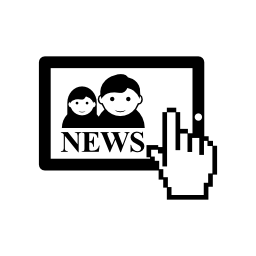無料のアイコンを人間の手に触れているタッチスクリーンタブレットモニター上のジャーナリストの画像とニュース