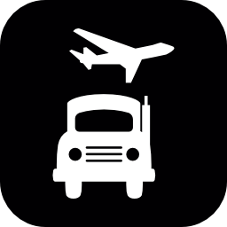 土地およびトラックおよび角の丸い黒い正方形で飛行機の航空輸送白い図形無料icon