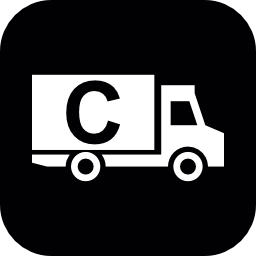 黒い正方形の背景無料アイコンに文字cを持つ貨物トラック